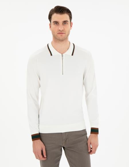 Ekru Slim Fit Fermuarlı Polo Yaka Yün Karışımlı Triko Kazak - 50296452009