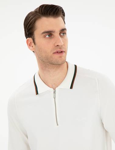 Ekru Slim Fit Fermuarlı Polo Yaka Yün Karışımlı Triko Kazak