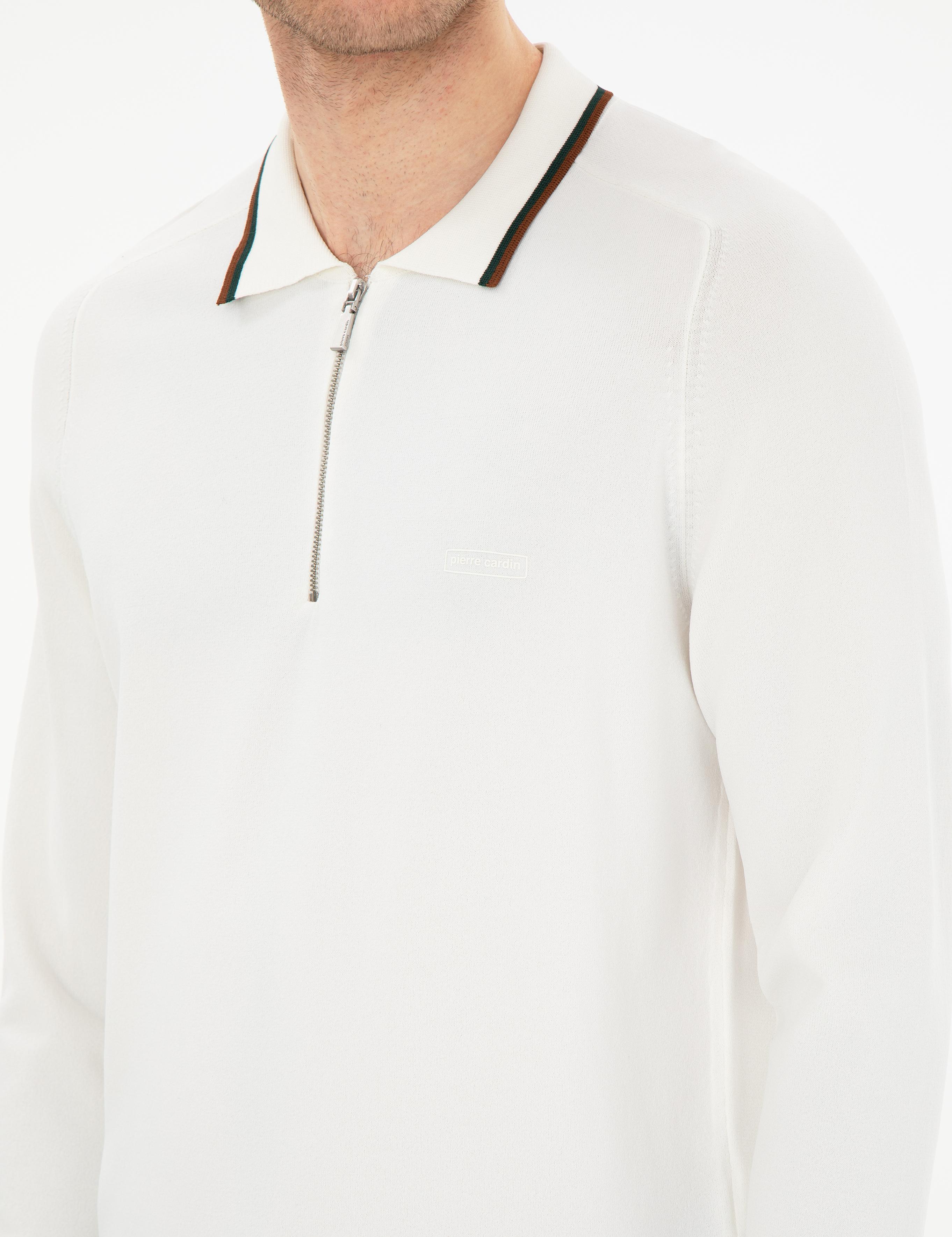 Ekru Slim Fit Fermuarlı Polo Yaka Yün Karışımlı Triko Kazak