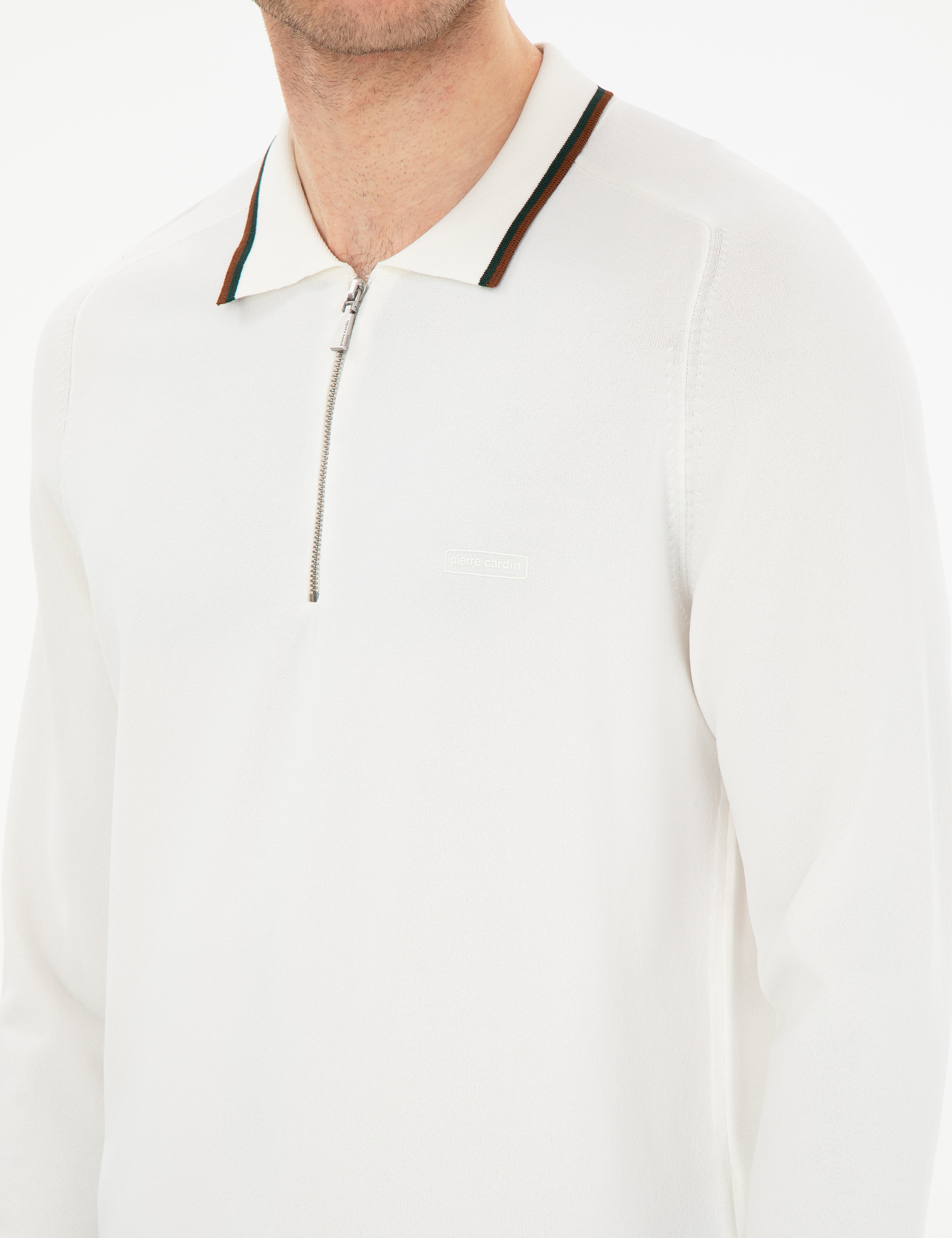 Ekru Slim Fit Fermuarlı Polo Yaka Yün Karışımlı Triko Kazak
