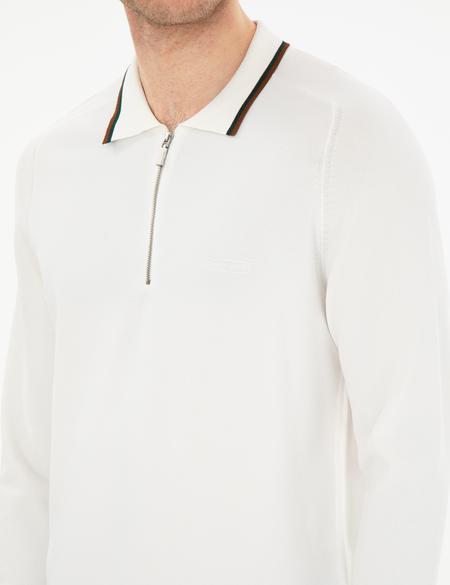 Ekru Slim Fit Fermuarlı Polo Yaka Yün Karışımlı Triko Kazak - 50296452009