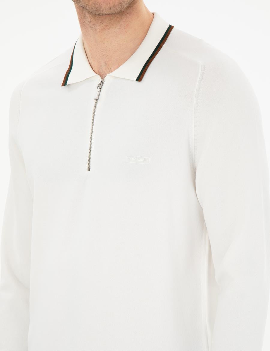 Ekru Slim Fit Fermuarlı Polo Yaka Yün Karışımlı Triko Kazak