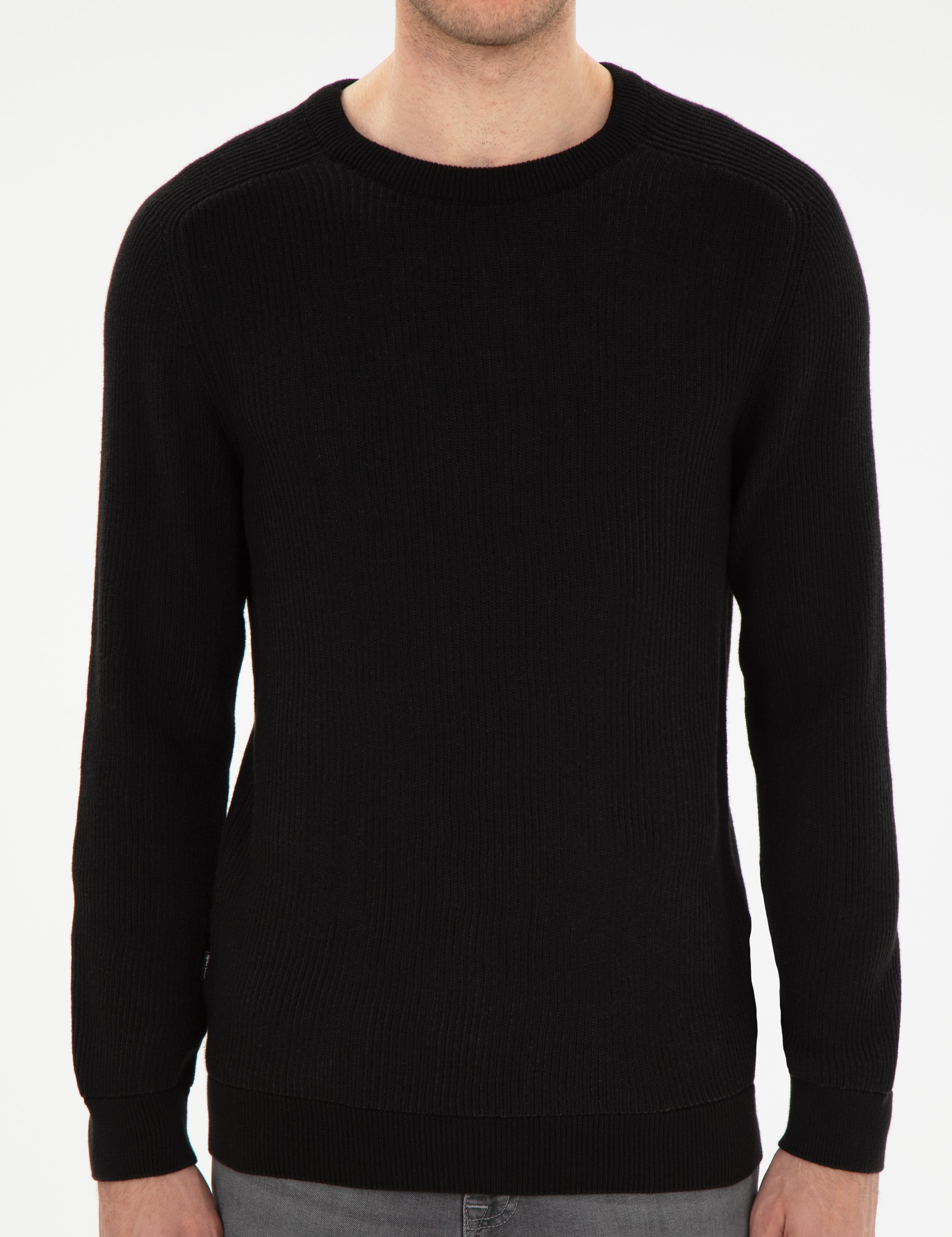 Siyah Slim Fit Bisiklet Yaka Triko Kazak