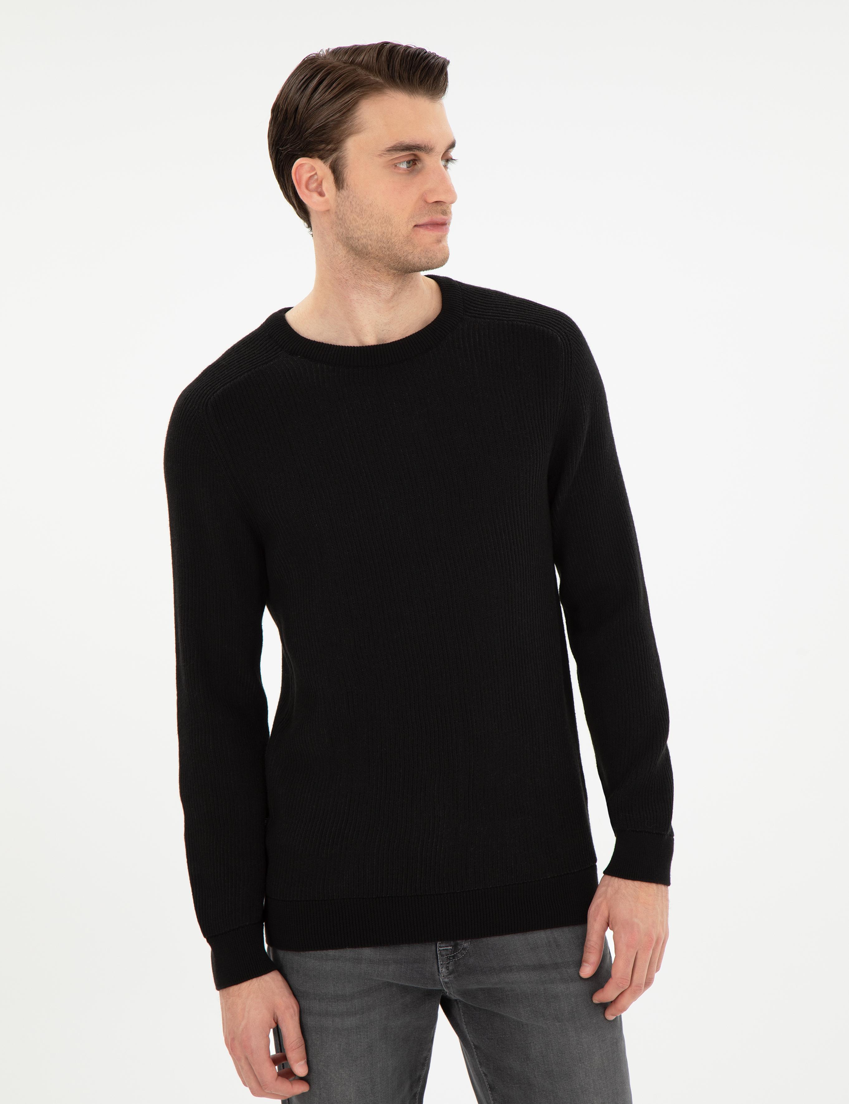 Siyah Slim Fit Bisiklet Yaka Triko Kazak