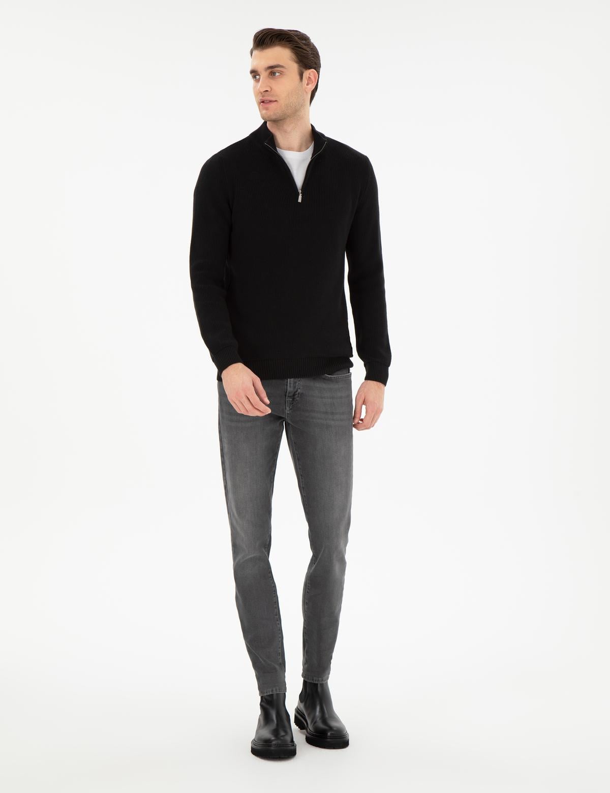 Siyah Slim Fit Fermuarlı Dik Yaka Triko Kazak - 50297123008