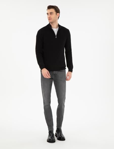 Siyah Slim Fit Fermuarlı Dik Yaka Triko Kazak - 50297123008