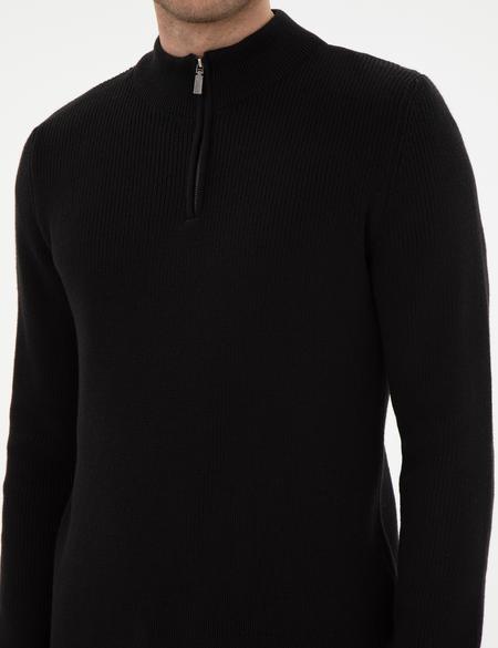 Siyah Slim Fit Fermuarlı Dik Yaka Triko Kazak - 50297123008