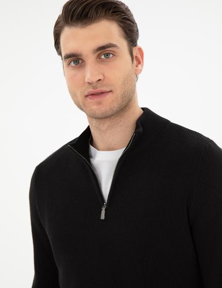 Siyah Slim Fit Fermuarlı Dik Yaka Triko Kazak - 50297123008