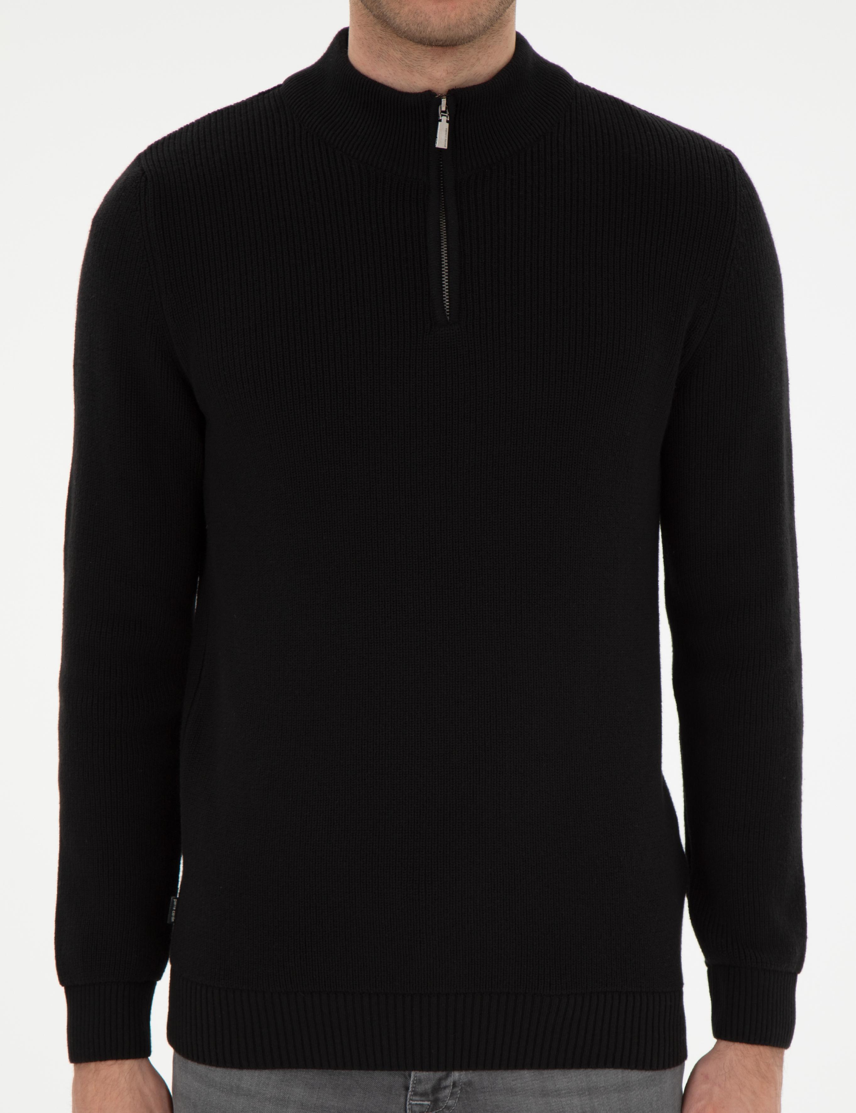 Siyah Slim Fit Fermuarlı Dik Yaka Triko Kazak