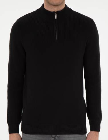 Siyah Slim Fit Fermuarlı Dik Yaka Triko Kazak