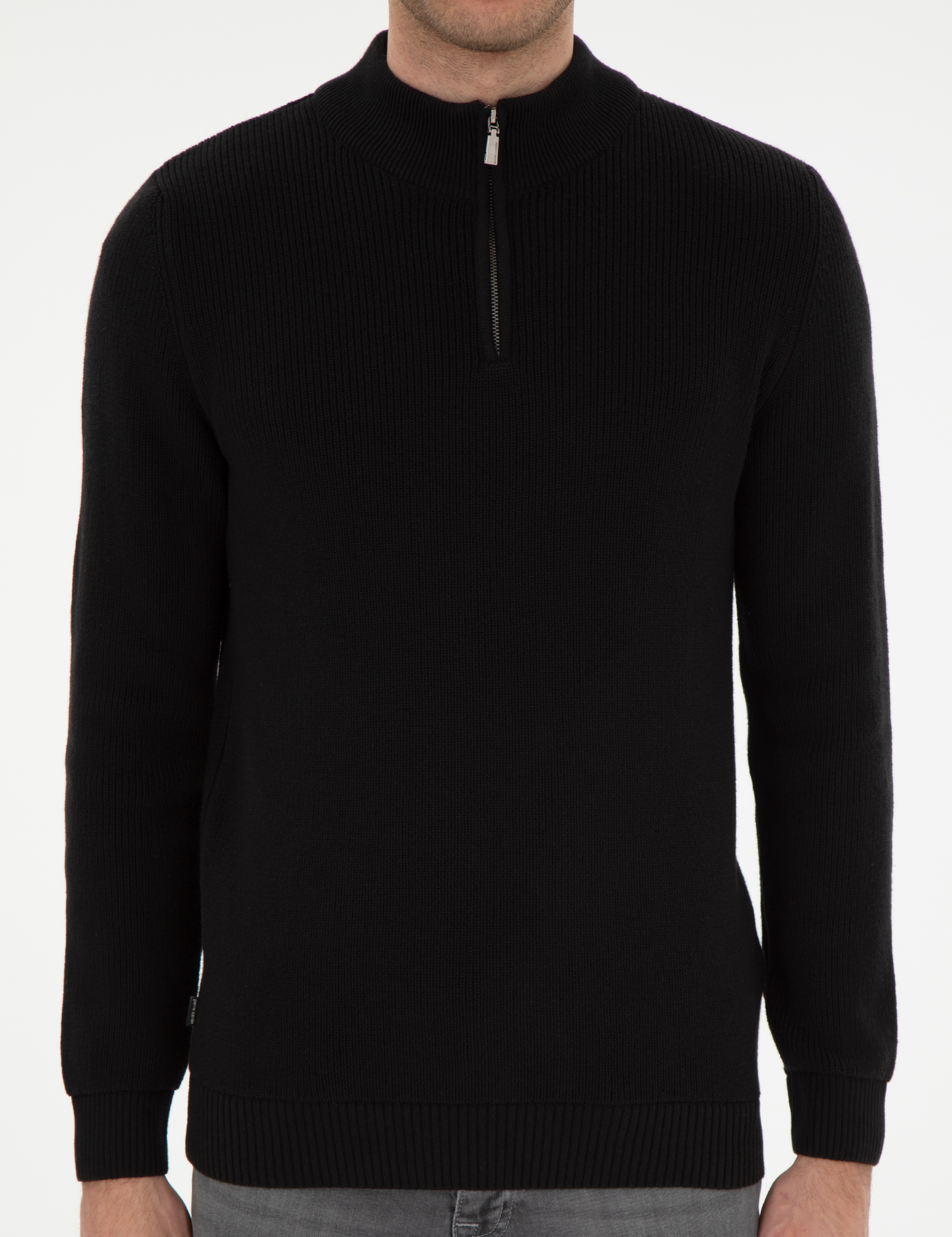 Siyah Slim Fit Fermuarlı Dik Yaka Triko Kazak - Image 6
