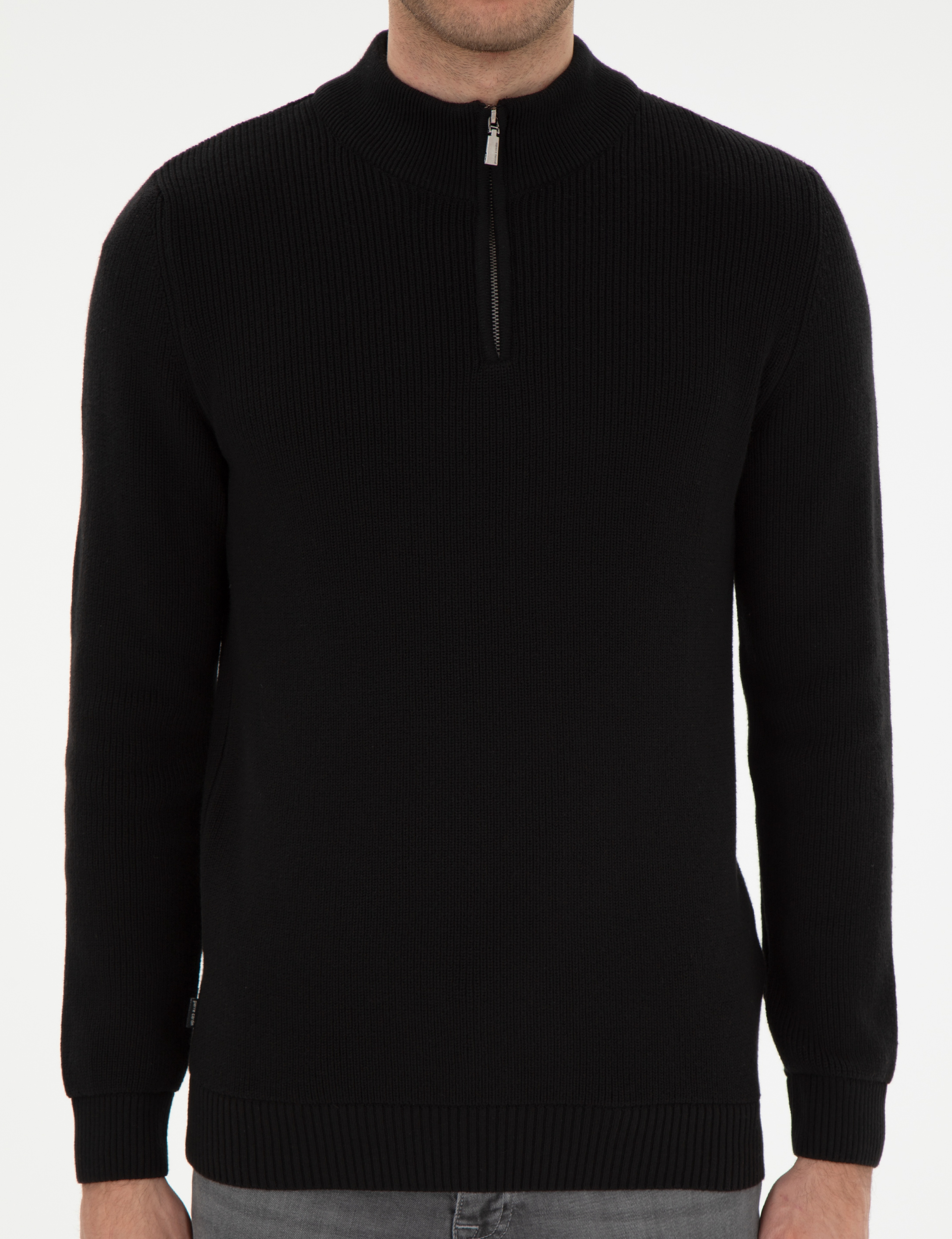Siyah Slim Fit Fermuarlı Dik Yaka Triko Kazak