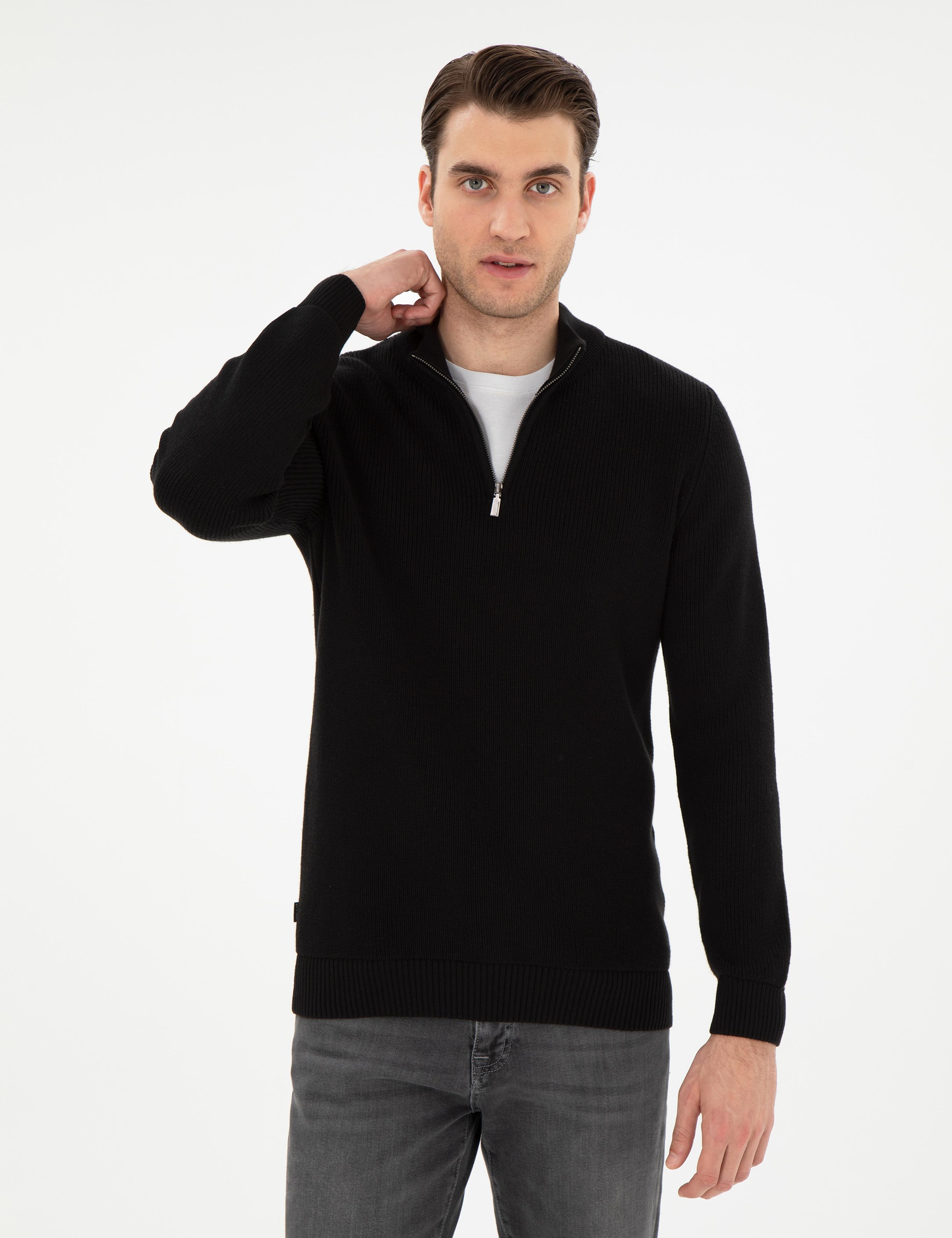 Siyah Slim Fit Fermuarlı Dik Yaka Triko Kazak