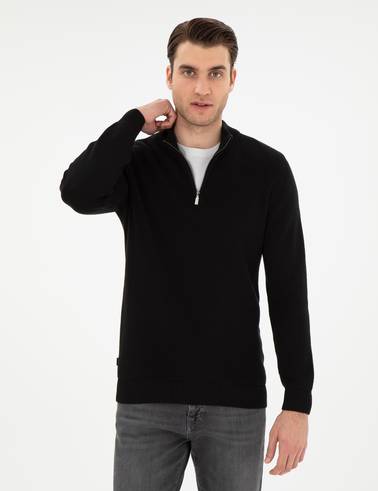 Siyah Slim Fit Fermuarlı Dik Yaka Triko Kazak