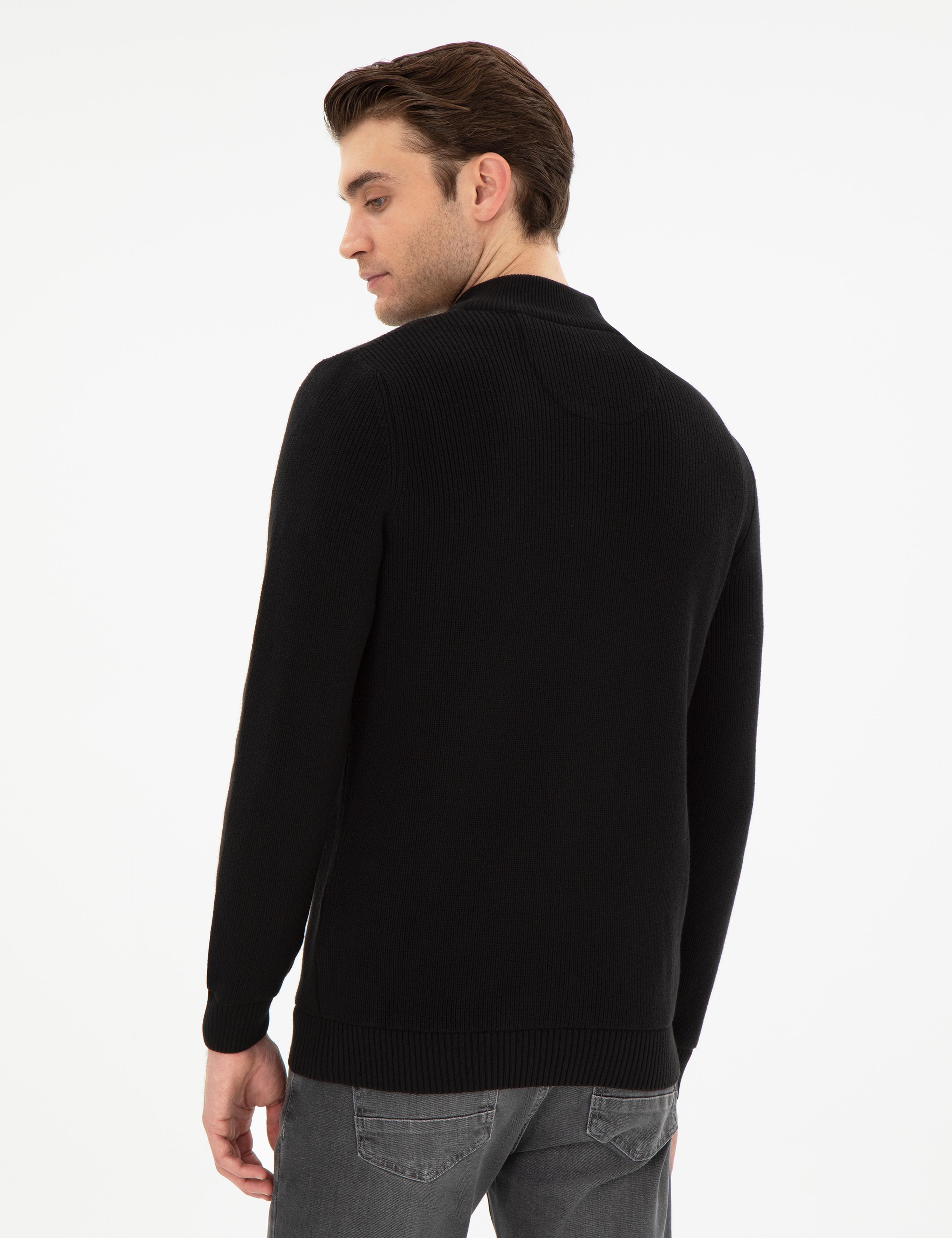 Siyah Slim Fit Fermuarlı Dik Yaka Triko Kazak