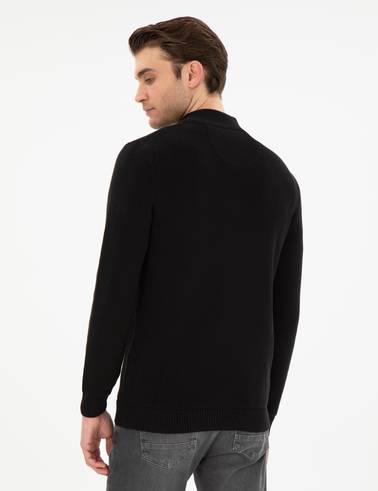 Siyah Slim Fit Fermuarlı Dik Yaka Triko Kazak