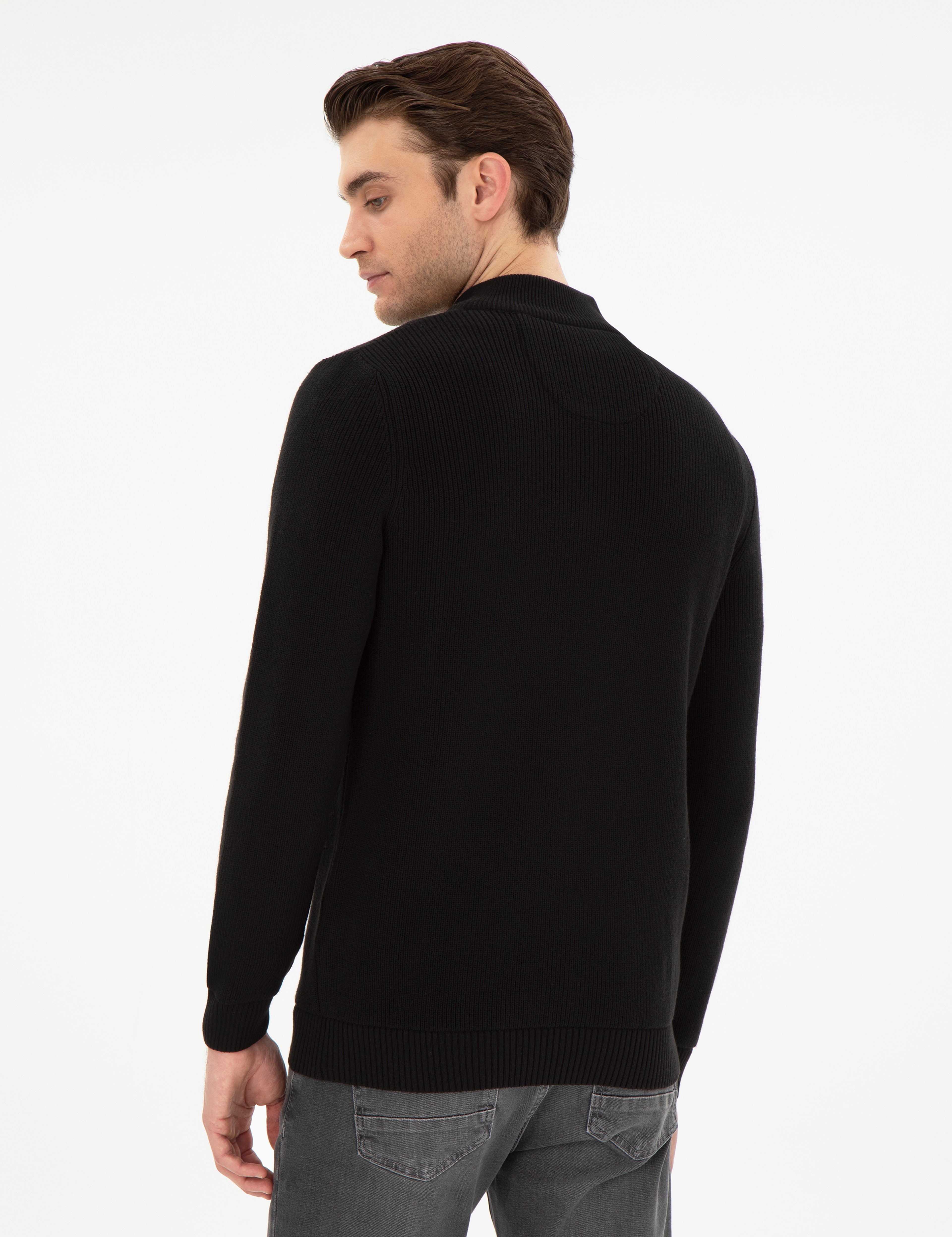 Siyah Slim Fit Fermuarlı Dik Yaka Triko Kazak - Image 5