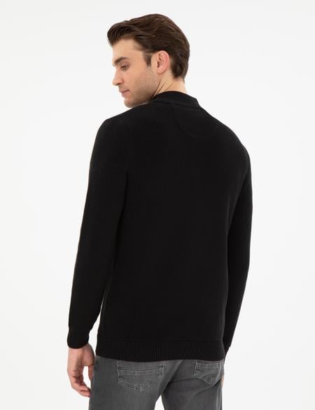 Siyah Slim Fit Fermuarlı Dik Yaka Triko Kazak - 50297123008