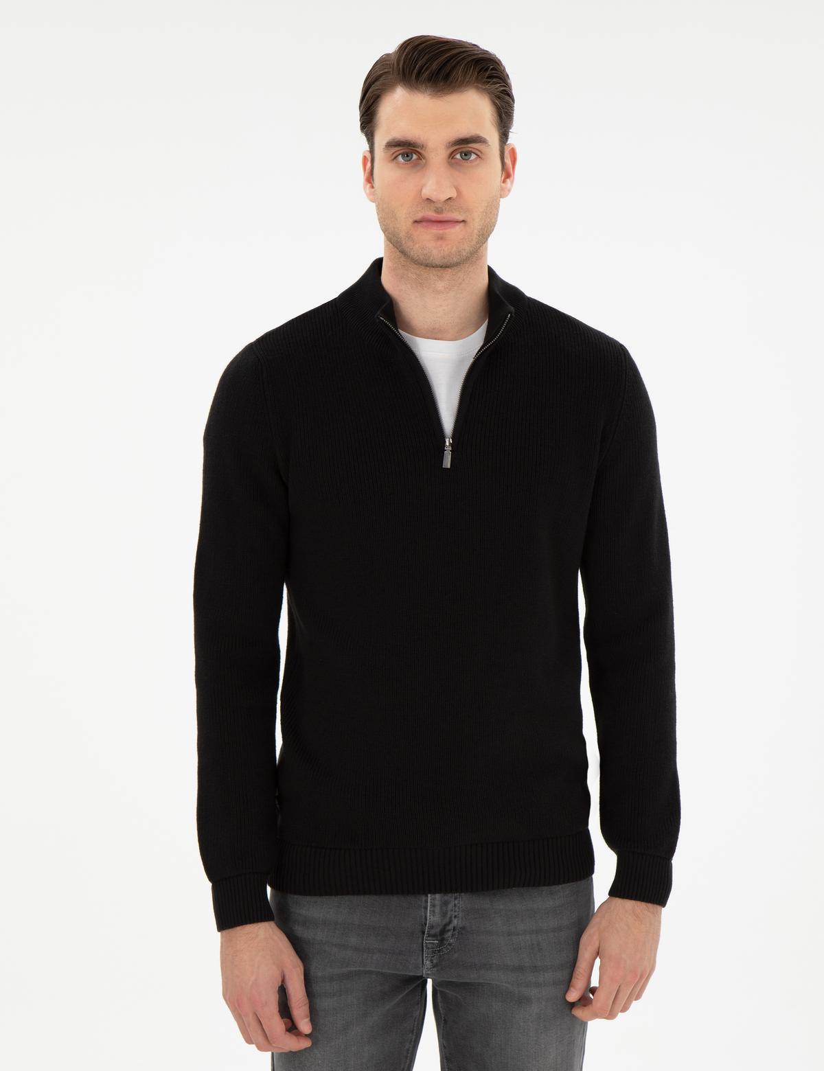 Siyah Slim Fit Fermuarlı Dik Yaka Triko Kazak