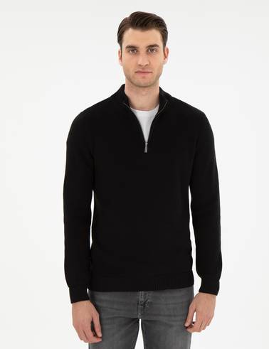 Siyah Slim Fit Fermuarlı Dik Yaka Triko Kazak