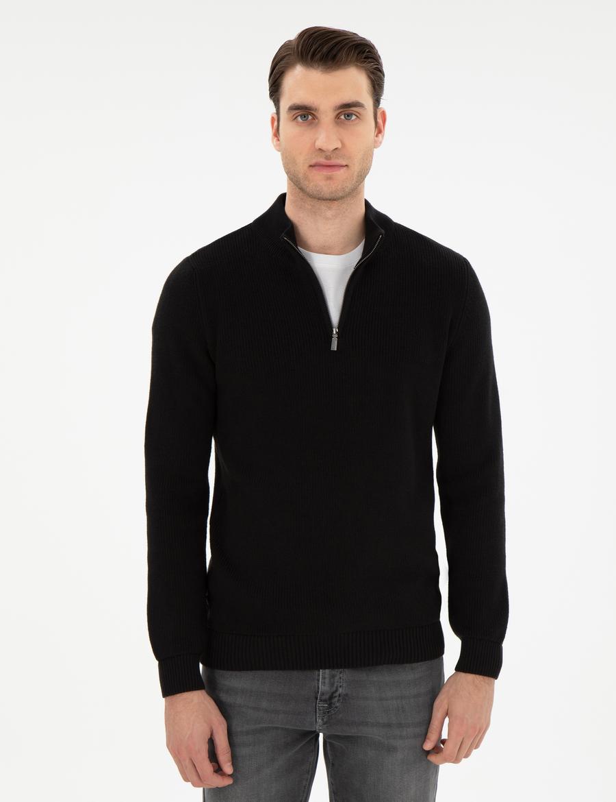 Siyah Slim Fit Fermuarlı Dik Yaka Triko Kazak
