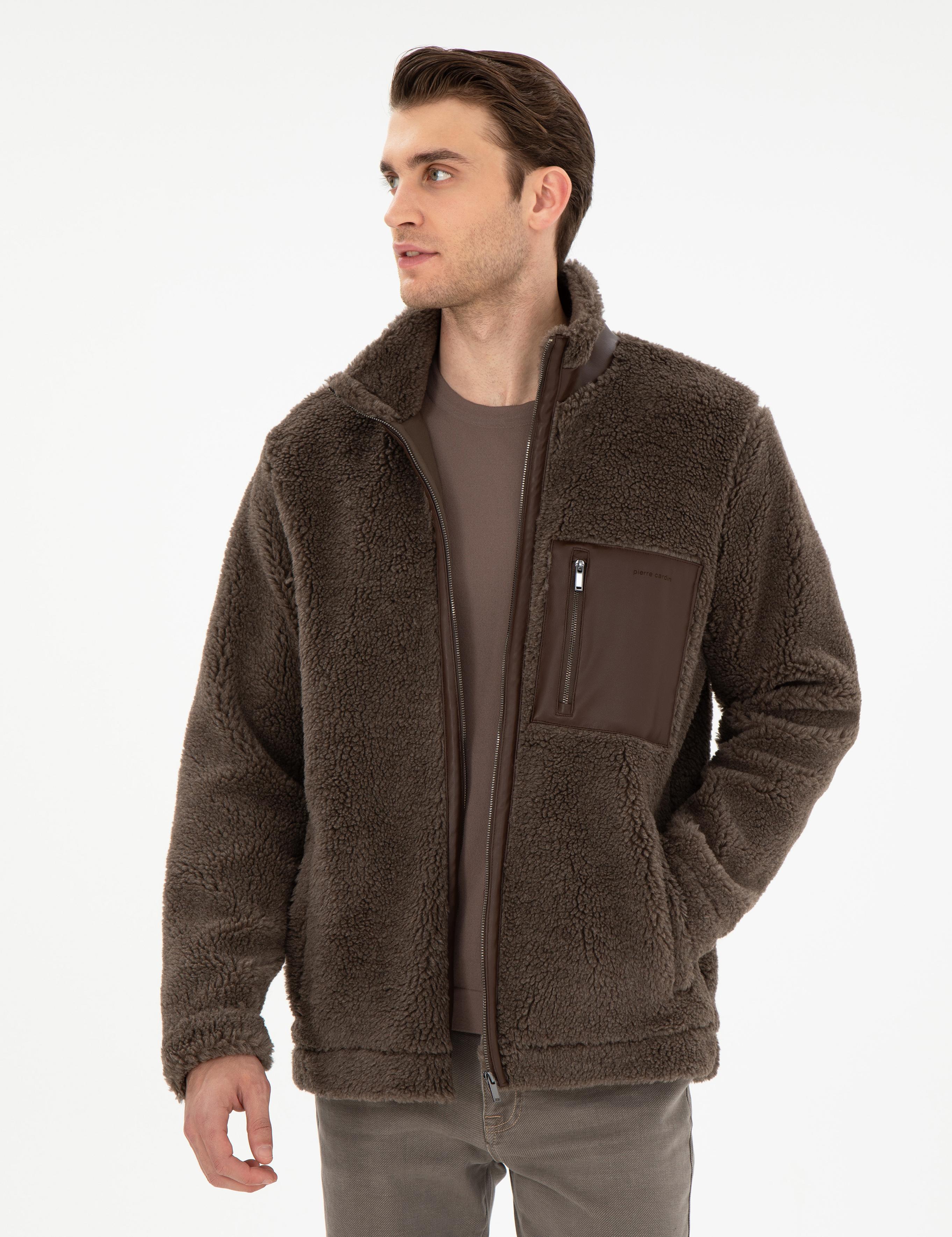 Kahverengi Regular Fit Tam Fermuarlı Pelüş Hırka