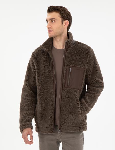 Kahverengi Regular Fit Tam Fermuarlı Pelüş Hırka - 50292214033