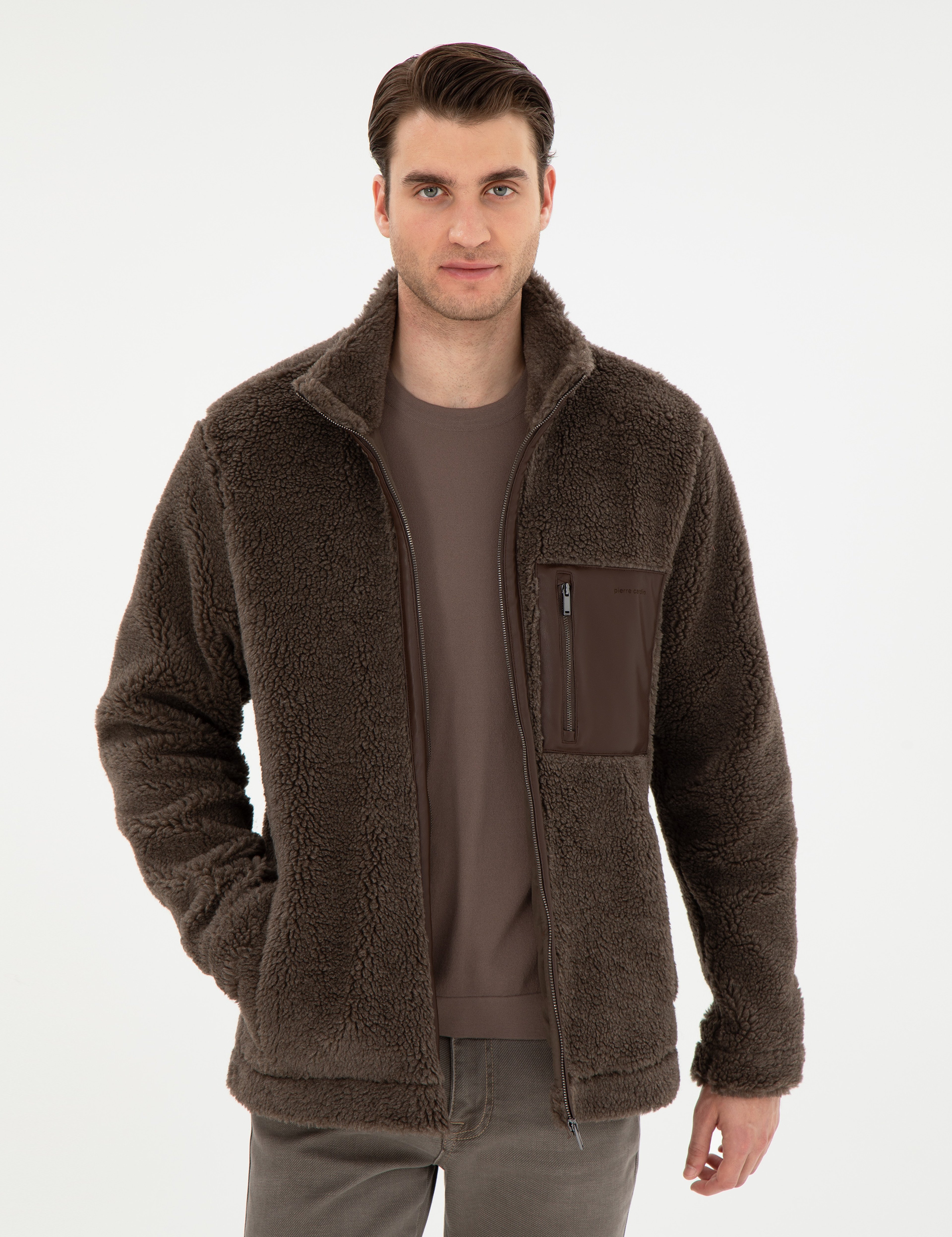 Kahverengi Regular Fit Tam Fermuarlı Pelüş Hırka - Image 3