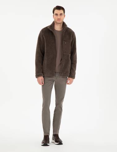 Kahverengi Regular Fit Tam Fermuarlı Pelüş Hırka