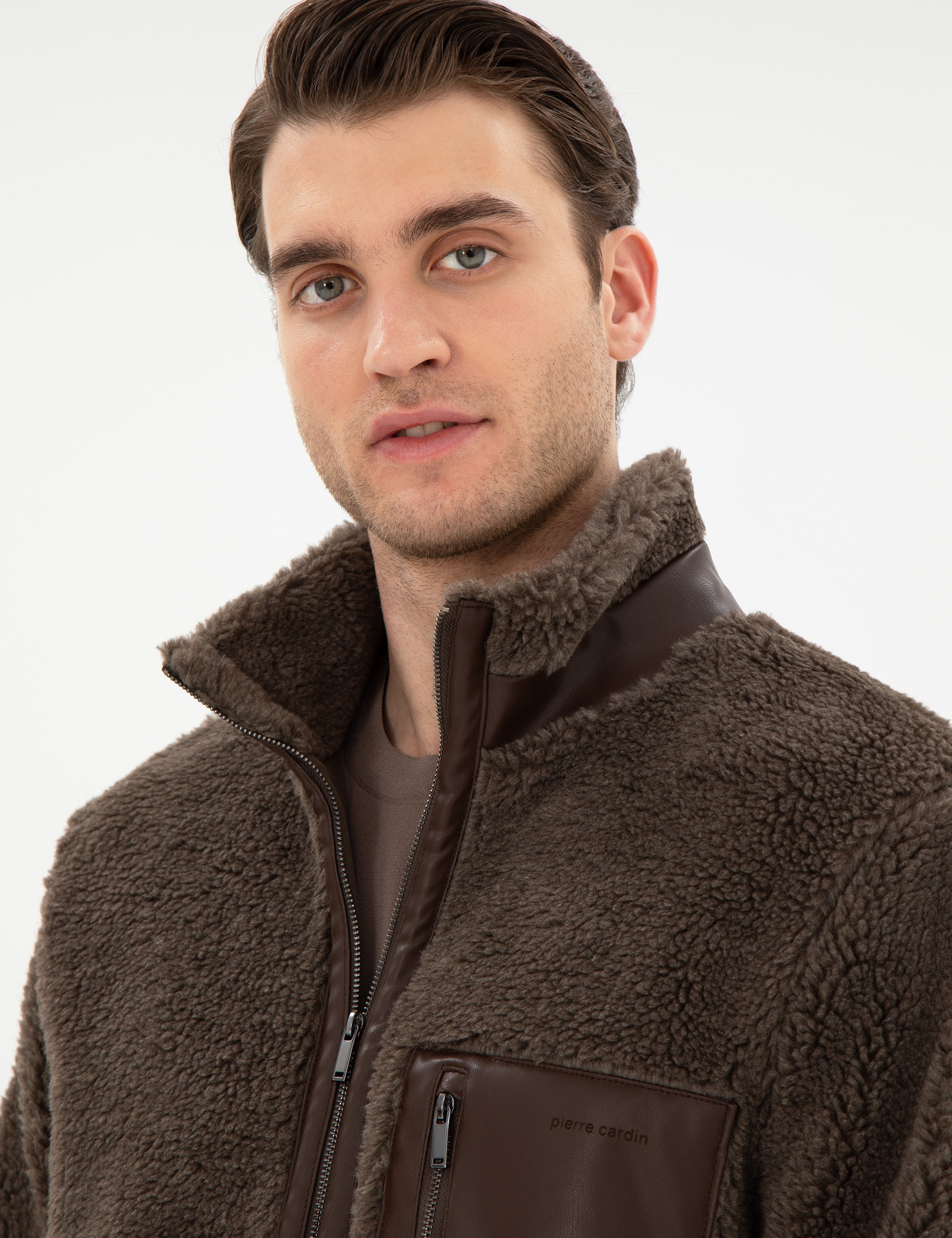 Kahverengi Regular Fit Tam Fermuarlı Pelüş Hırka - Image 2