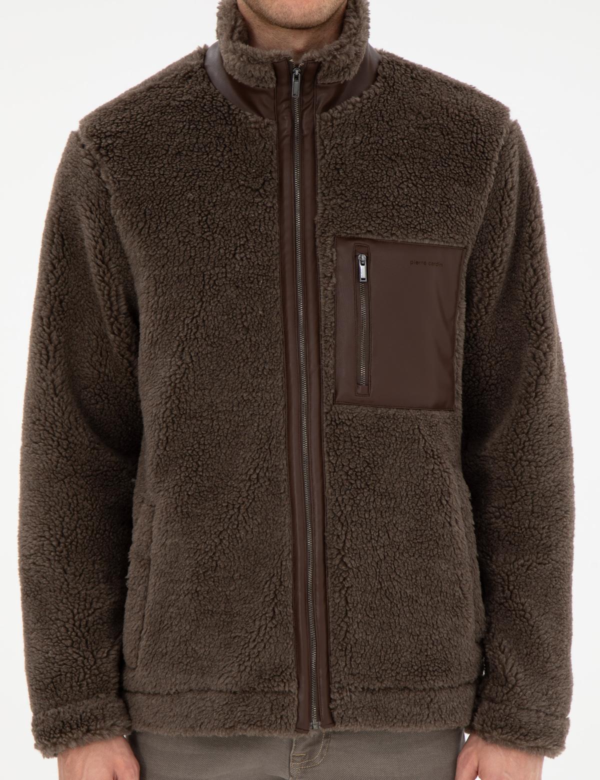 Kahverengi Regular Fit Tam Fermuarlı Pelüş Hırka - 50292214033