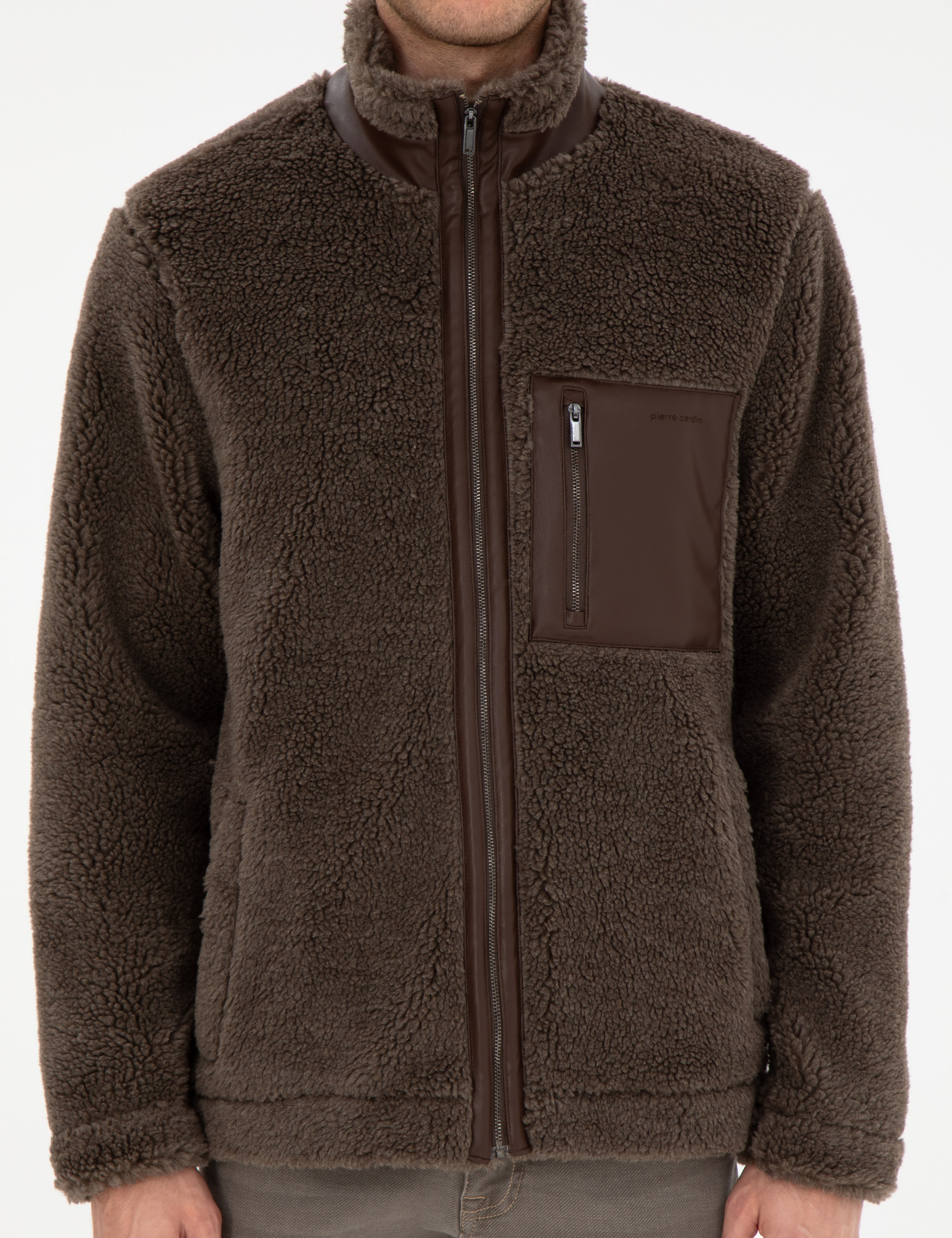 Kahverengi Regular Fit Tam Fermuarlı Pelüş Hırka - Image 7