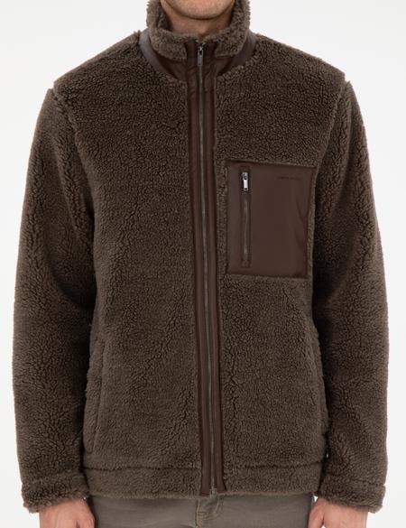 Kahverengi Regular Fit Tam Fermuarlı Pelüş Hırka - 50292214033
