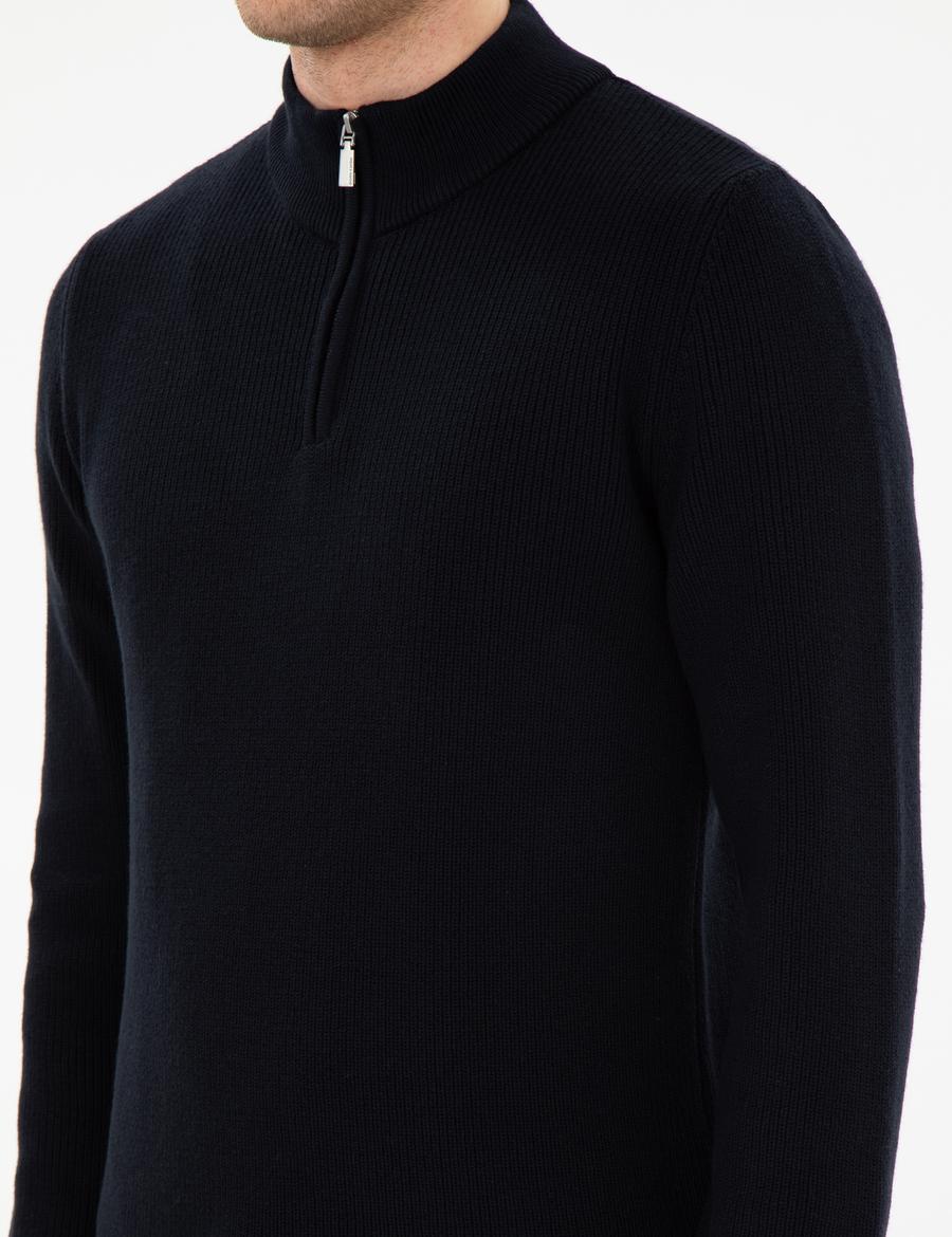 Lacivert Slim Fit Fermuarlı Dik Yaka Triko Kazak