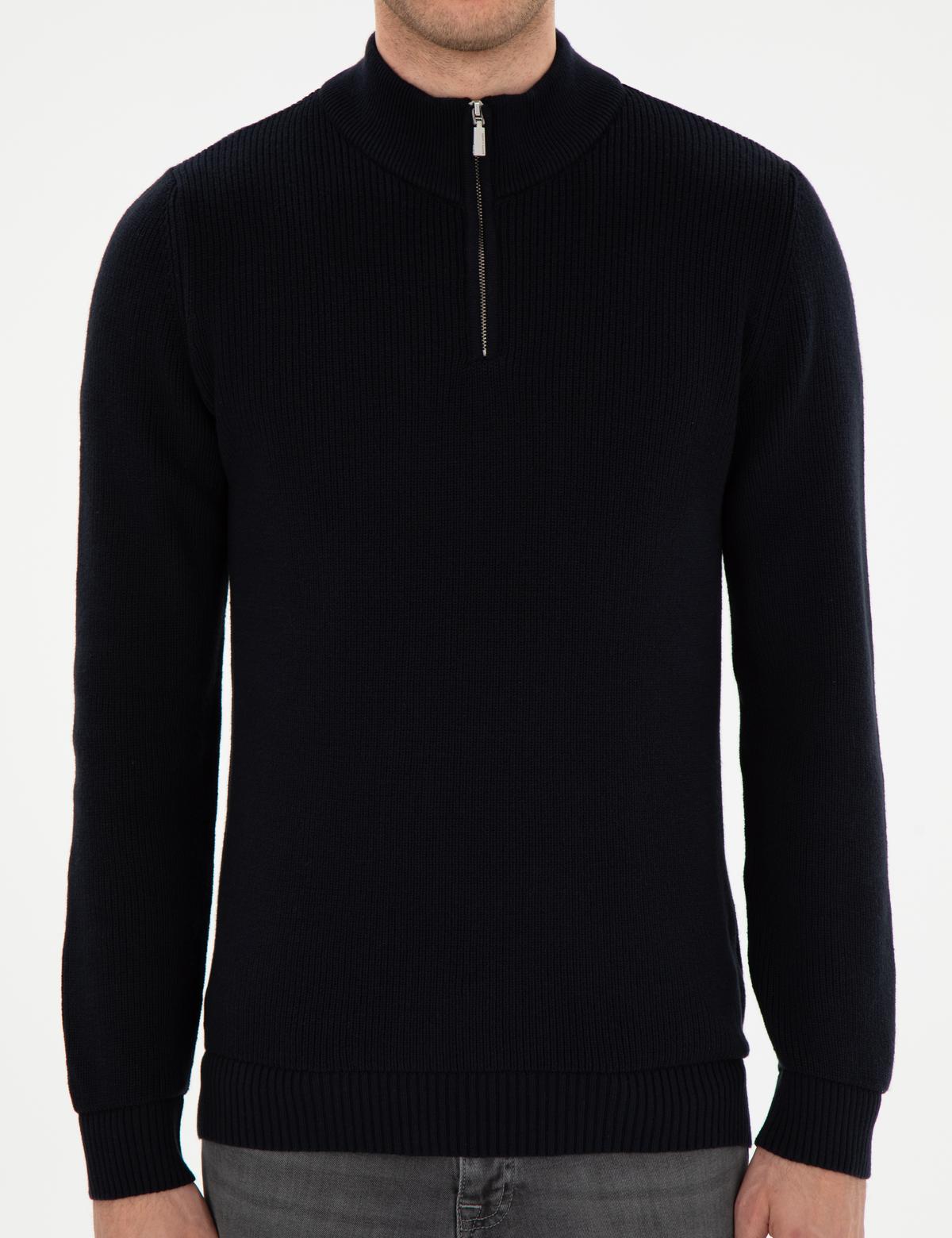 Lacivert Slim Fit Fermuarlı Dik Yaka Triko Kazak - 50297123011