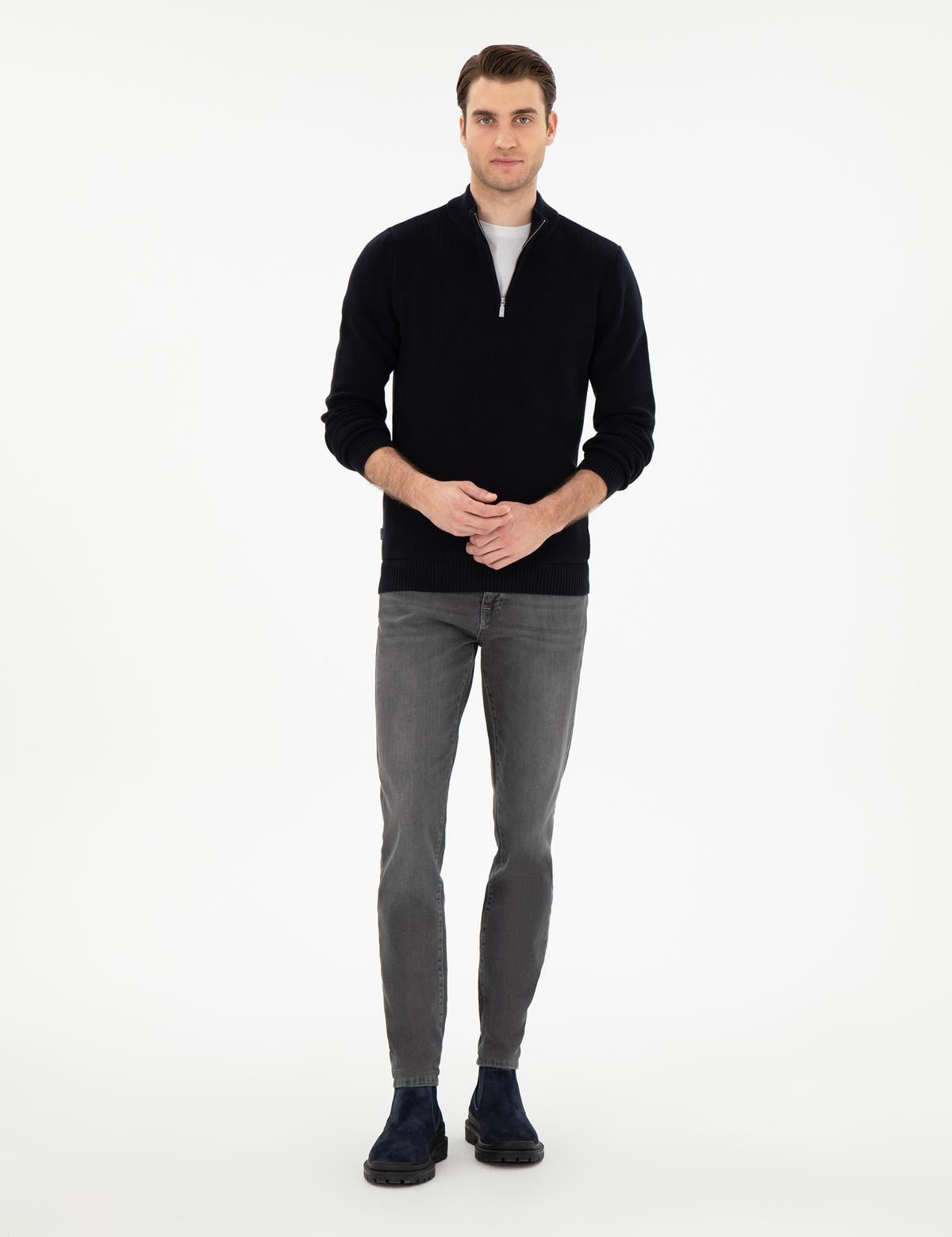 Lacivert Slim Fit Fermuarlı Dik Yaka Triko Kazak - 50297123011