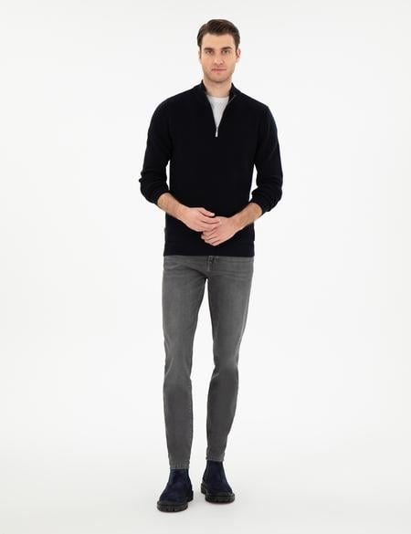 Lacivert Slim Fit Fermuarlı Dik Yaka Triko Kazak - 50297123011