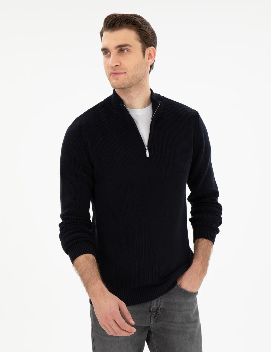 Lacivert Slim Fit Fermuarlı Dik Yaka Triko Kazak