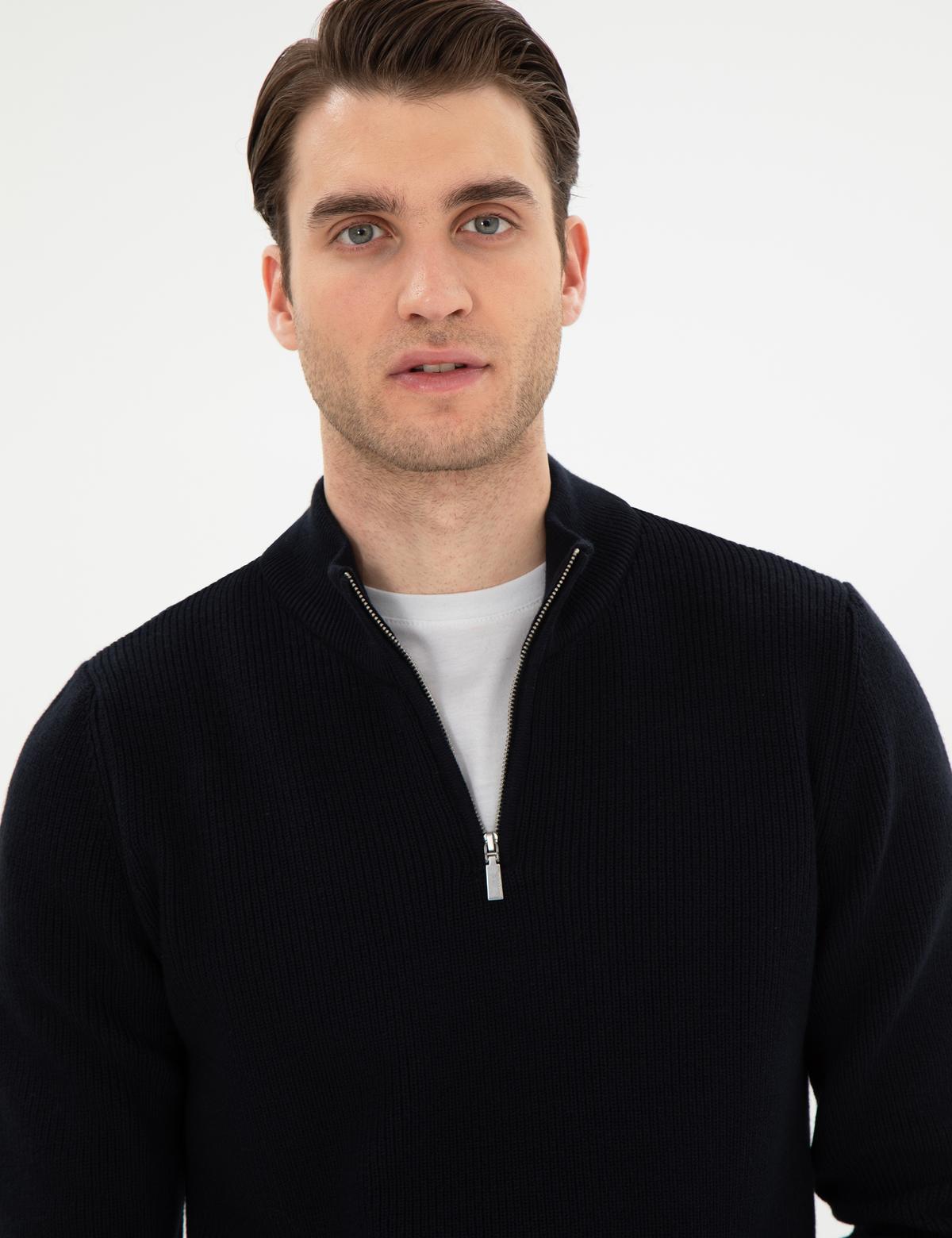 Lacivert Slim Fit Fermuarlı Dik Yaka Triko Kazak - 50297123011