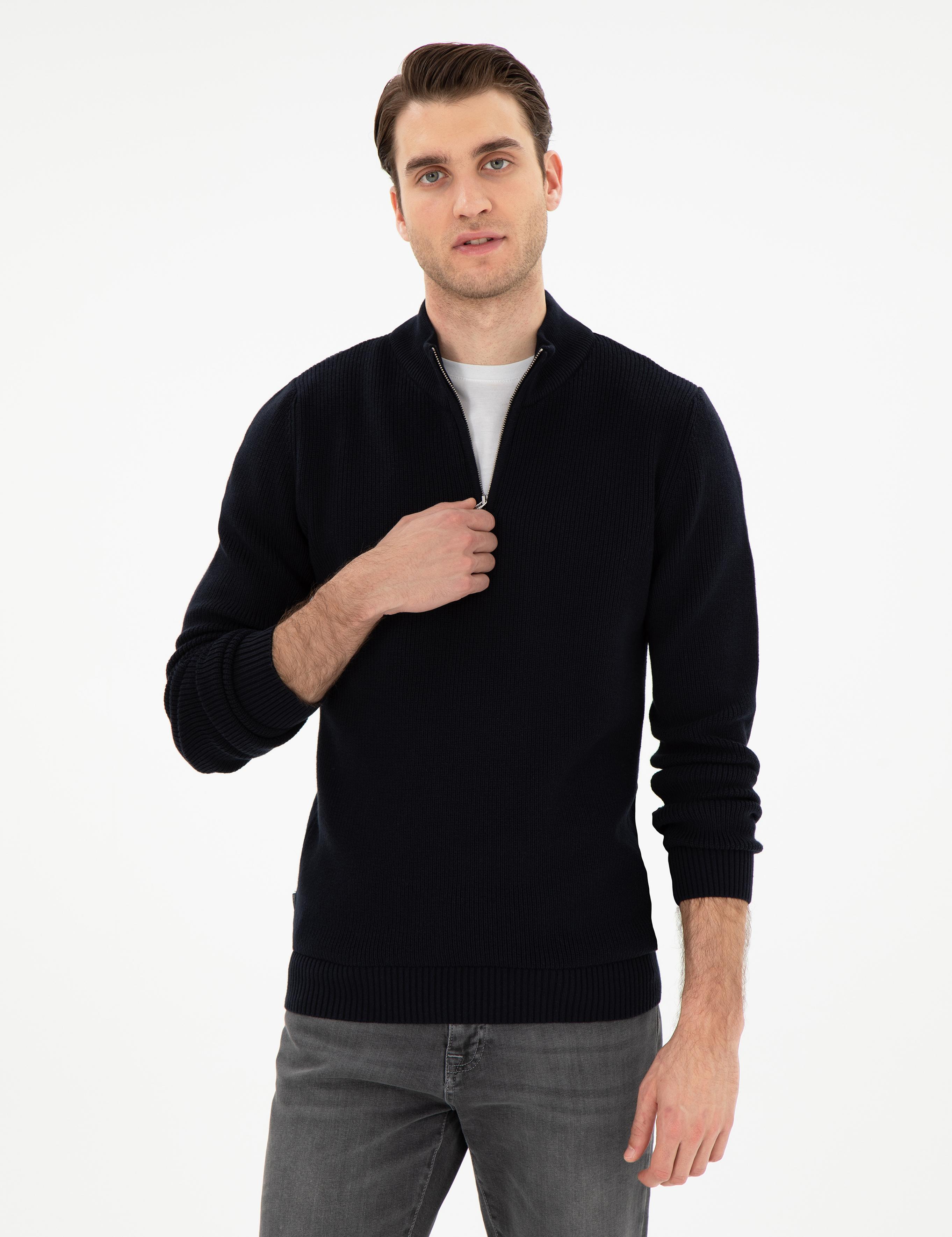 Lacivert Slim Fit Fermuarlı Dik Yaka Triko Kazak