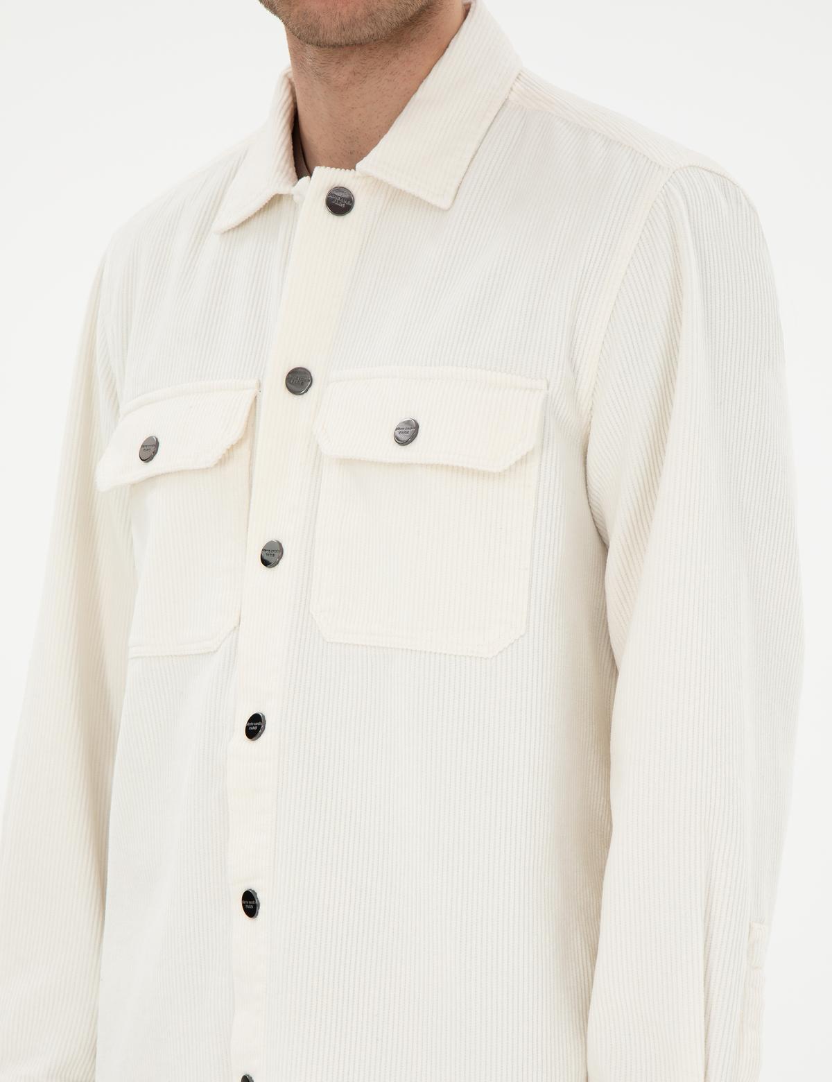 Ekru Klasik Yaka Çift Cepli Oversize Gömlek Ceket - 50293183013