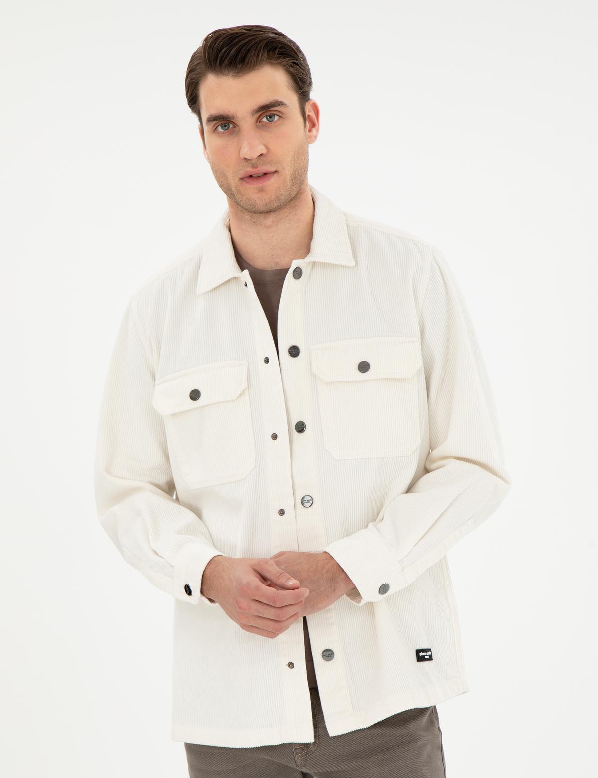 Ekru Klasik Yaka Çift Cepli Oversize Gömlek Ceket - 50293183013