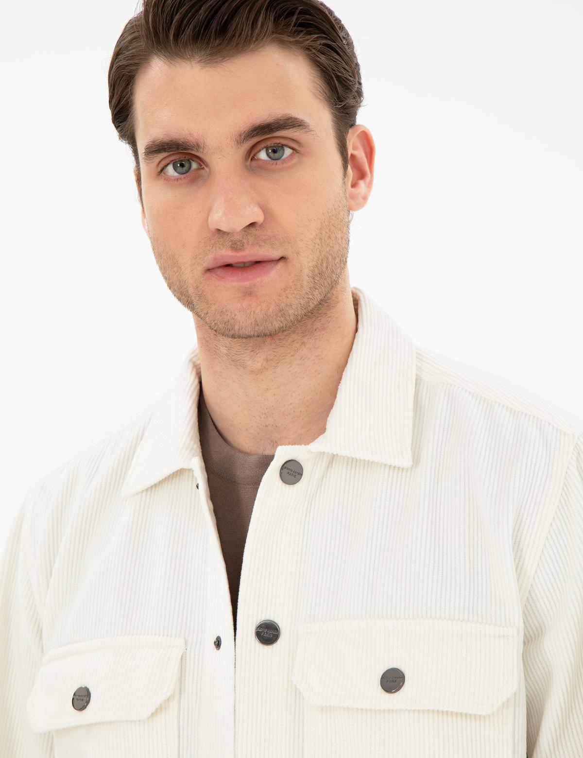 Ekru Klasik Yaka Çift Cepli Oversize Gömlek Ceket - 50293183013