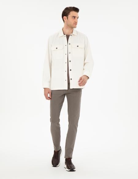 Ekru Klasik Yaka Çift Cepli Oversize Gömlek Ceket - 50293183013