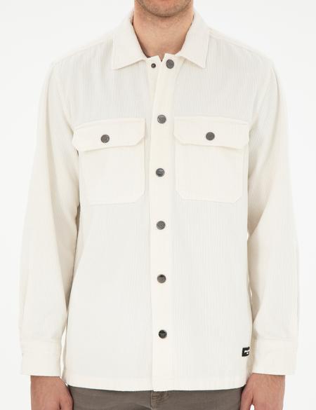 Ekru Klasik Yaka Çift Cepli Oversize Gömlek Ceket - 50293183013