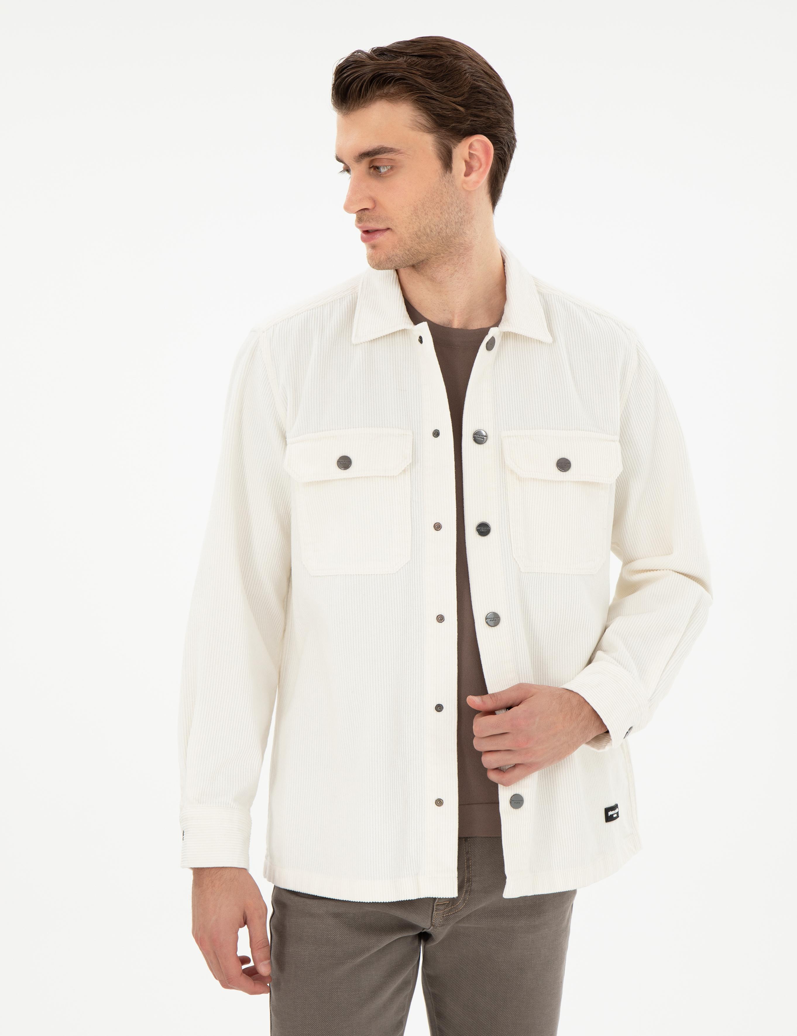 Ekru Klasik Yaka Çift Cepli Oversize Gömlek Ceket