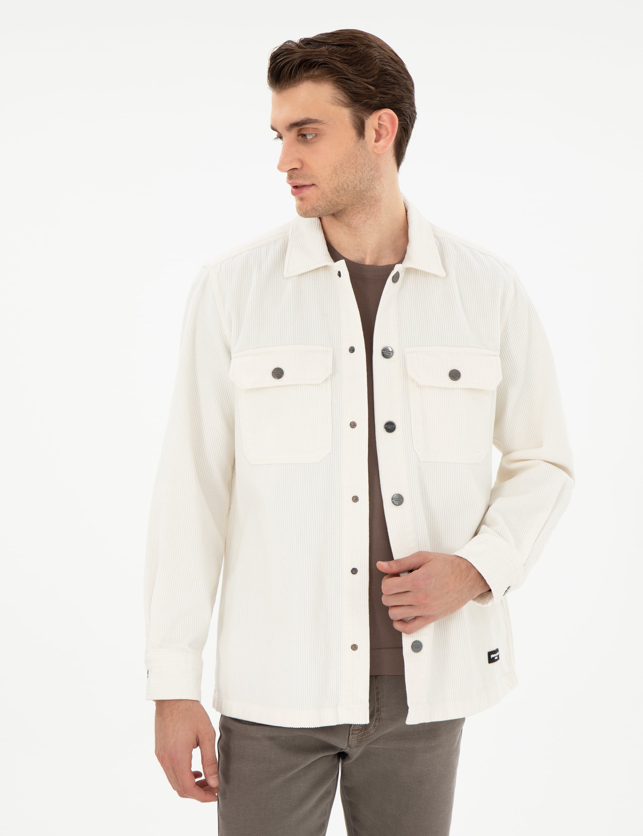 Ekru Klasik Yaka Çift Cepli Oversize Gömlek Ceket