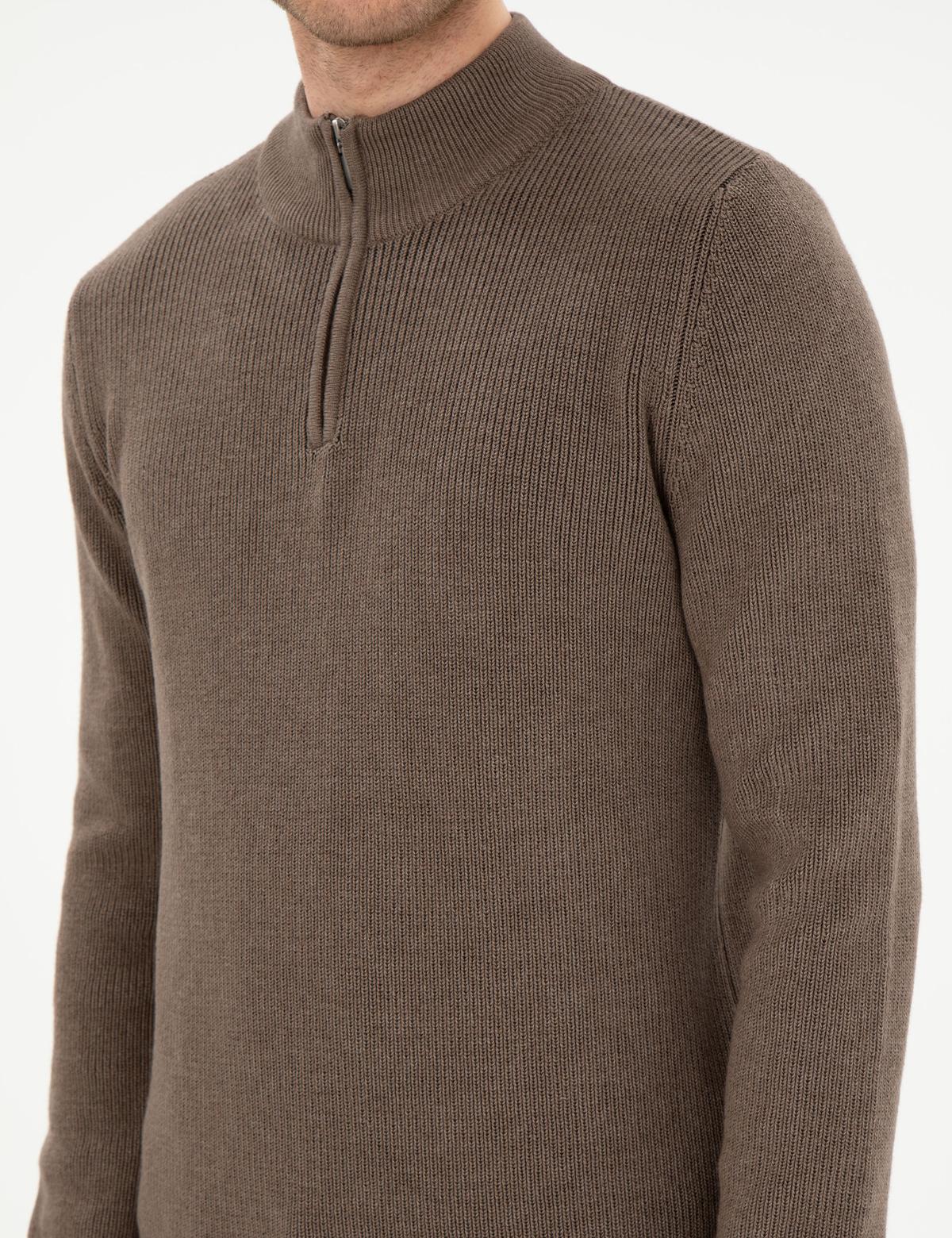 Vizon Melanj Slim Fit Fermuarlı Dik Yaka Triko Kazak - 50297123023