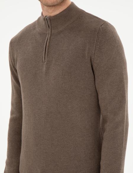 Vizon Melanj Slim Fit Fermuarlı Dik Yaka Triko Kazak - 50297123023