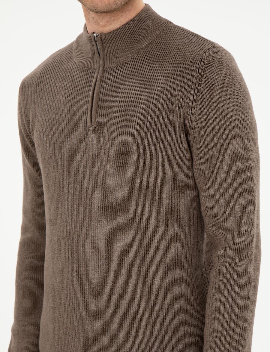 Vizon Melanj Slim Fit Fermuarlı Dik Yaka Triko Kazak